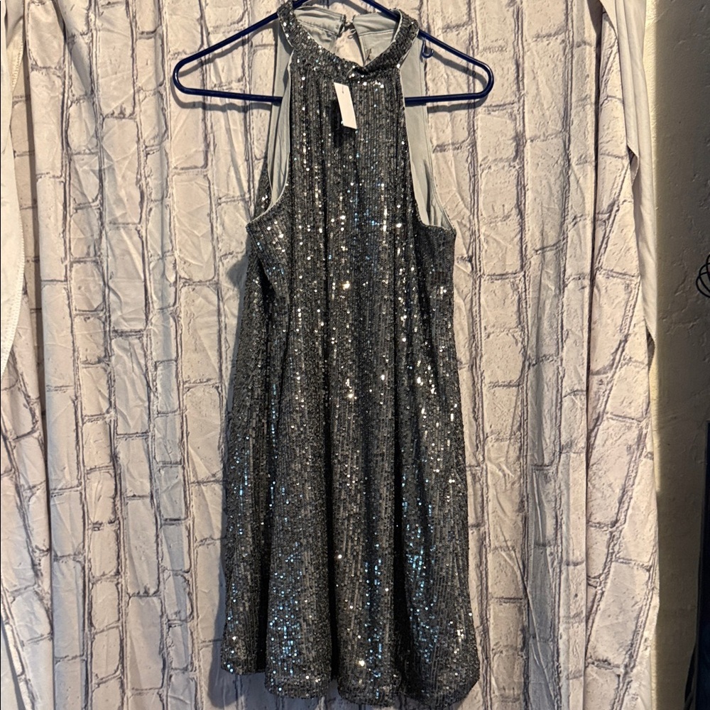Loft Women’s Sparkling Silver Sequin Halter Dress